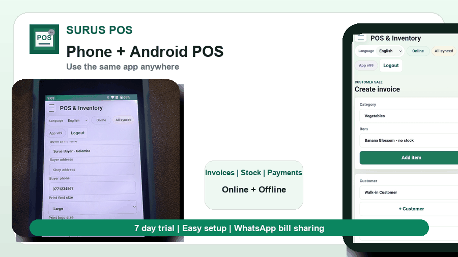 Surus POS on phone and Android POS unit